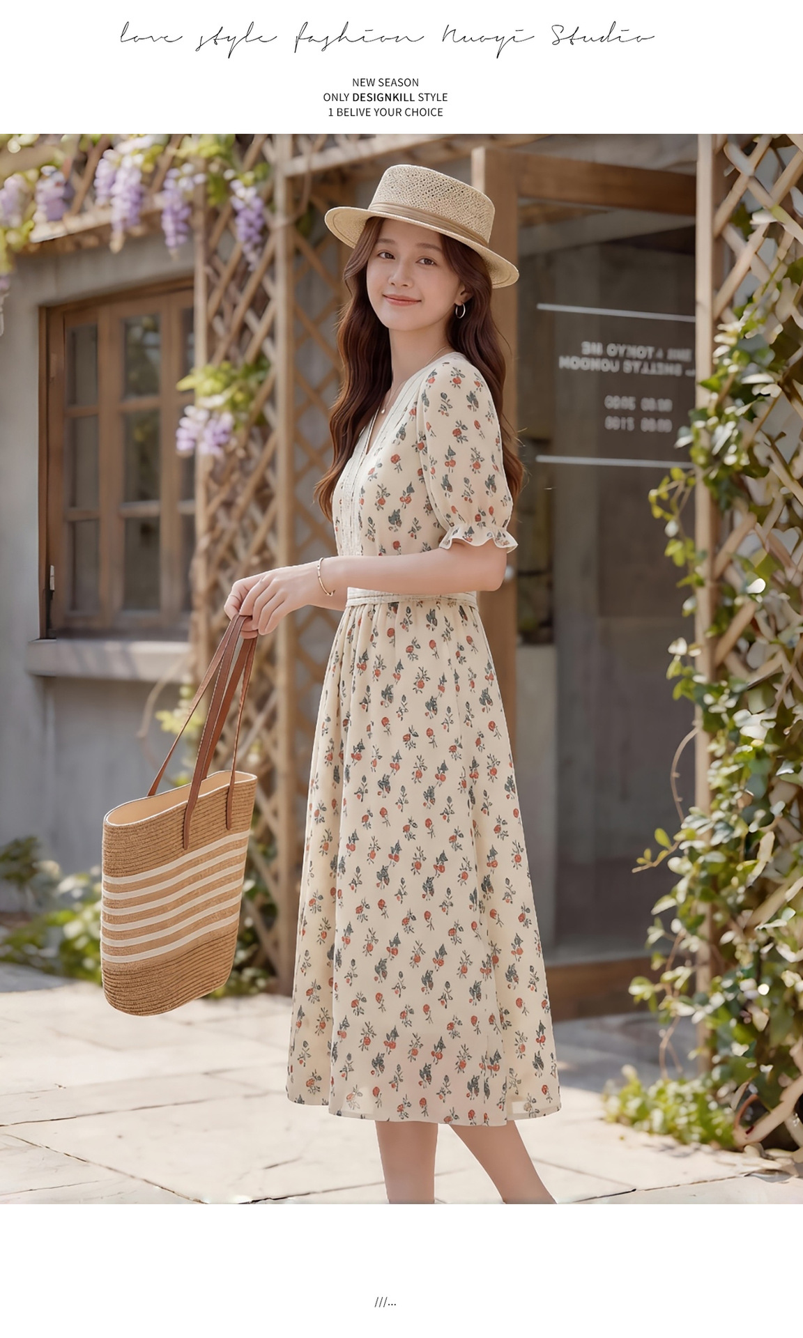 Đầm maxi nữ thắt eo tay ngắn cổ V in họa tiết dáng dài — màu be, màu trắng chi tiết 16