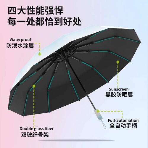 Wholesale Gradient Full Automatic Large Umbrella Foldable Black Rubber Women's Sunny Rain Umbrella Sunshade Sun Protection Umbrella