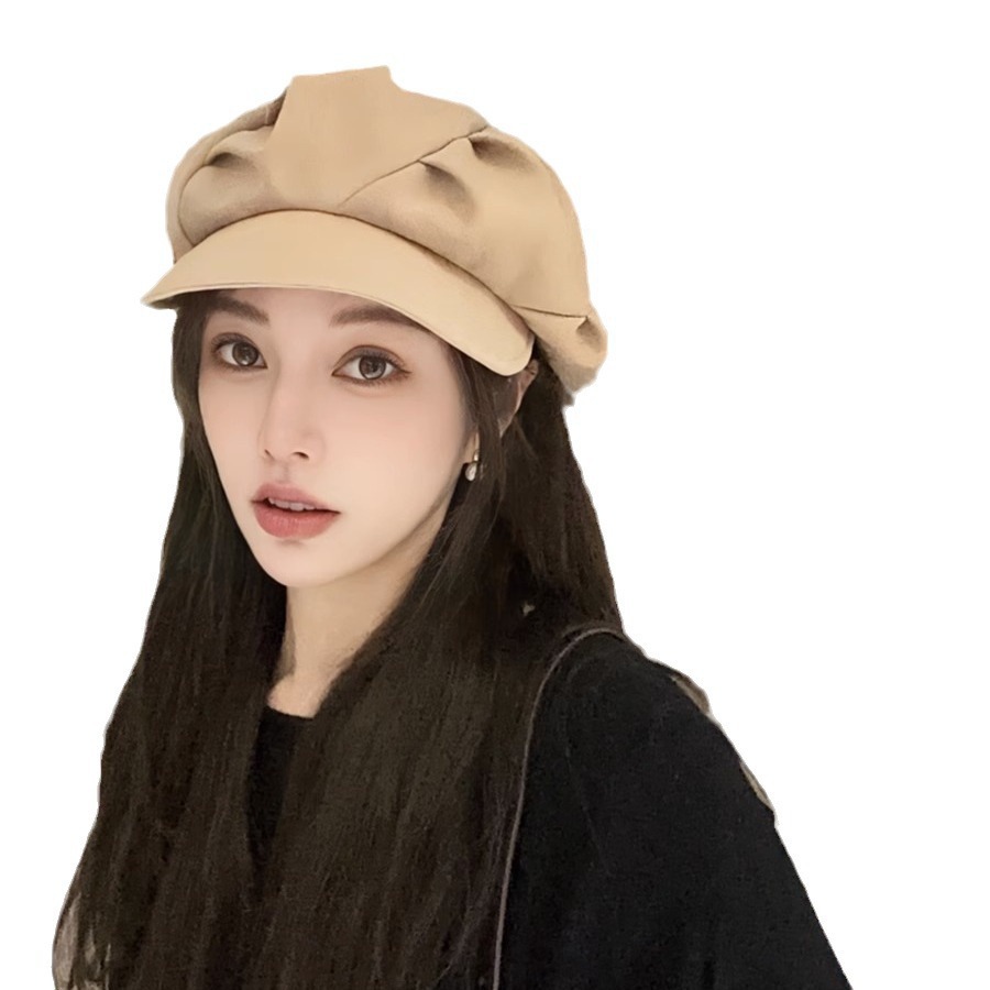 Pleated Cloud For Women 2024 Korean Style Octagonal Hat Large Head Circumference Face Slimming Fashionable Unique Beret_voghion.com