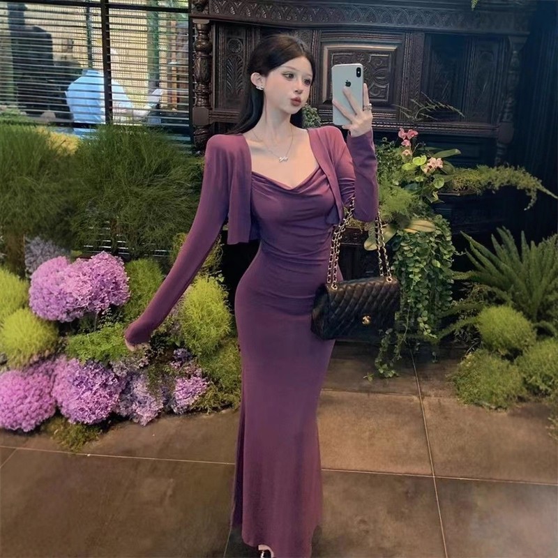 紫色纯欲修身显瘦包臀裙女秋季减龄时尚吊带连衣裙气质开衫两件套|undefined