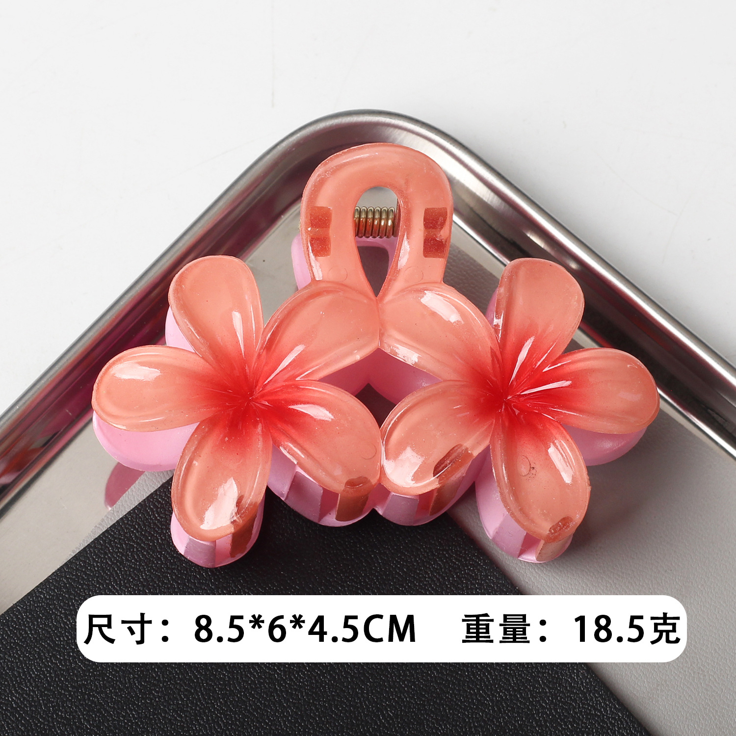 Clip de agarre de flor de frangipani de color caramelo caliente de Amazon transfronterizo Horquilla de flor de color transparente Horquilla de estilo de vacaciones de viaje