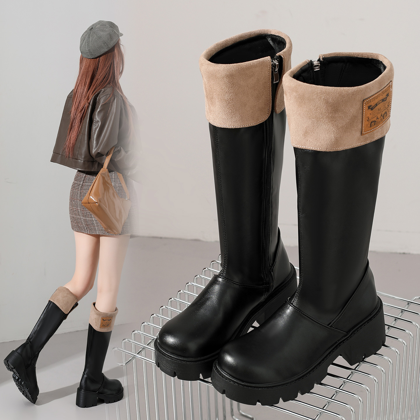 Damen-Winterstiefel mit Fleecefutter, figurformend, Oberschenkelhoch, Übergröße, Blockabsatz, Patchwork-Absatz, Reitstiefel mit mittelhohem Absatz, schmale Passform_voghion.com