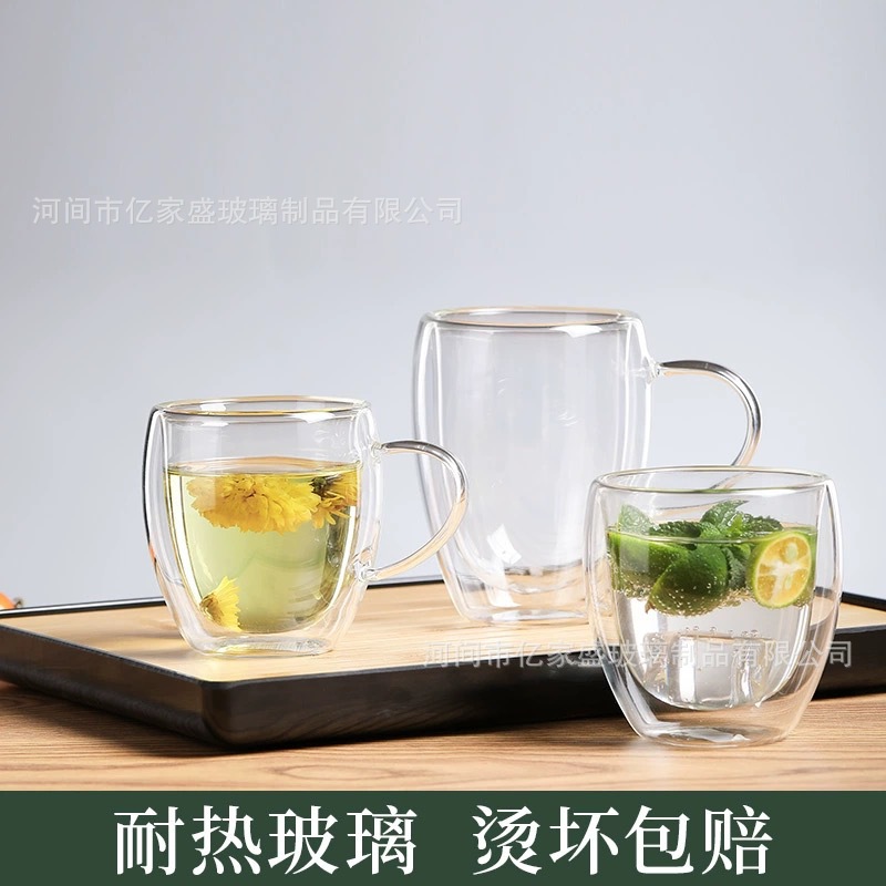 Taza de doble capa en forma de huevo al por mayor de fábrica Taza de vidrio aislante de doble capa Taza de café con leche de jugo simple Taza de vidrio para el hogar