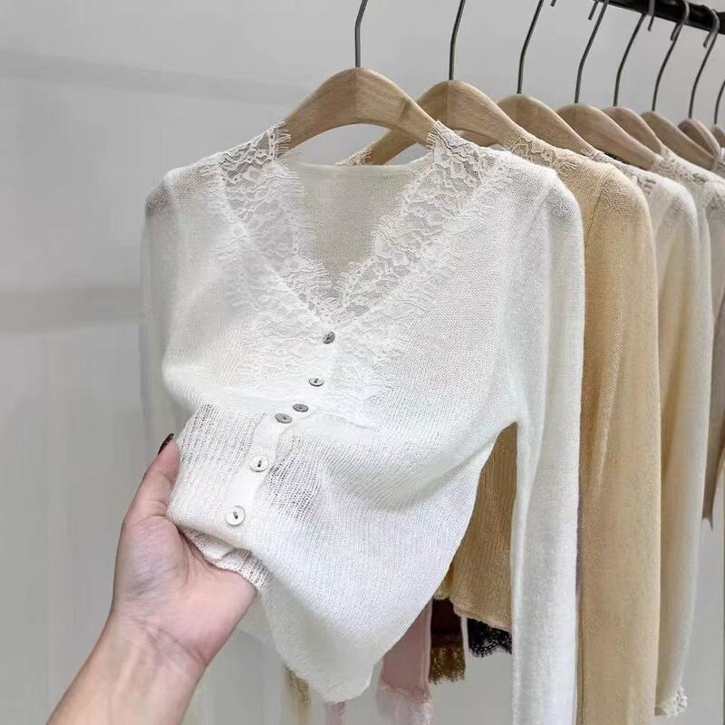 2025 Lace Long-Sleeve Knitted Cardigan Sweater Jacket for Women, Spring Niche Inner Wear, Short V-Neck Korean Style