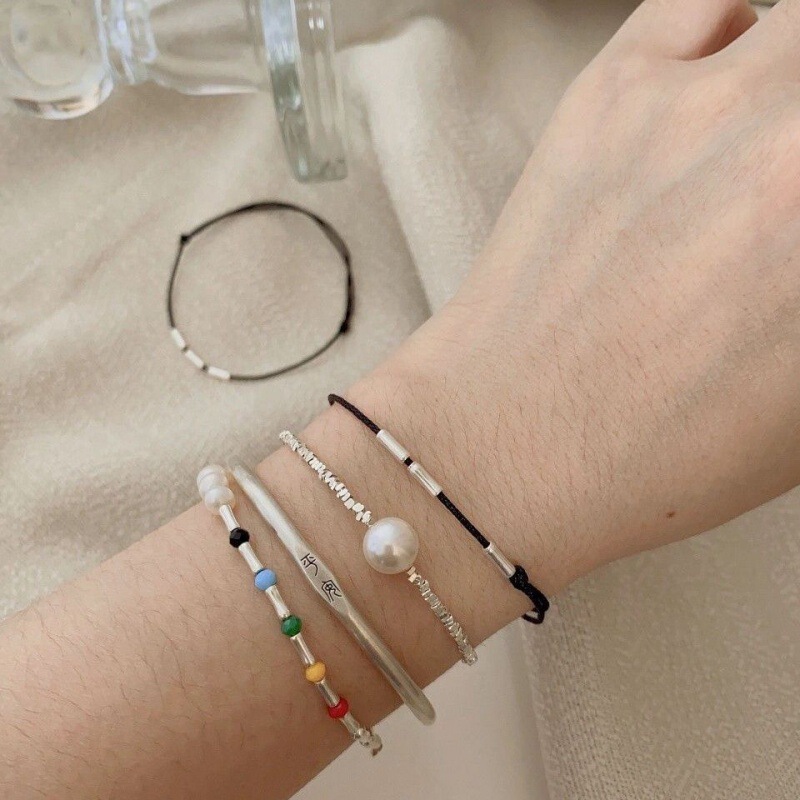 Silver Sweet and Fresh Bamboo Tube Bracelet for Women Handmade DIY Push-Pull Adjustable Bracelet Braided Red Anklet Bracelet