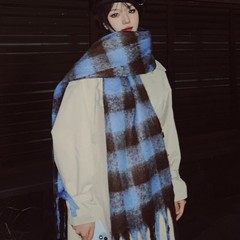 虞书欣同款格子围巾女冬季高级感百搭情侣披肩加厚保暖围脖潮蓝色