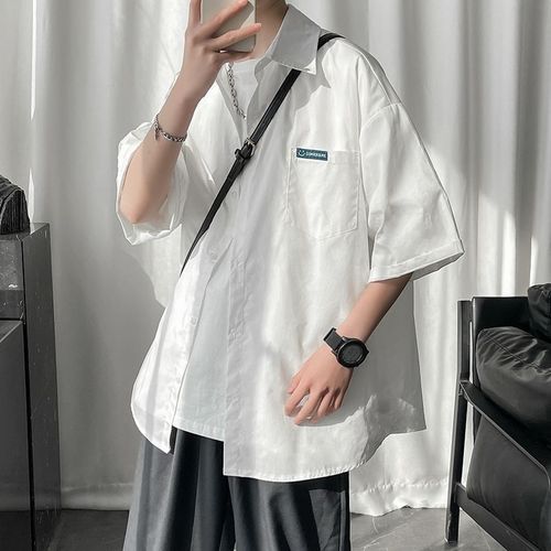 Men's loose short-sleeve casual Korean-style five-sleeve collared shirt, trendy and handsome, versatile summer white collared shirt