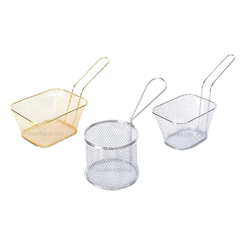 En stock transfronterizo de comercio electrónico cuadrado mini cesta de papas fritas restaurante gran filtro redondo de acero inoxidable merienda cesta de freír