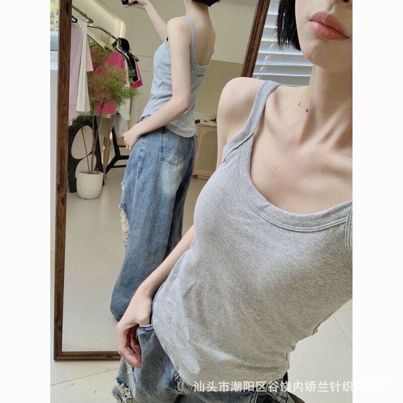 Hong Kong style Gray U-neck camisole women's summer outer wear chest pad inner base hot girl sports sleeveless top