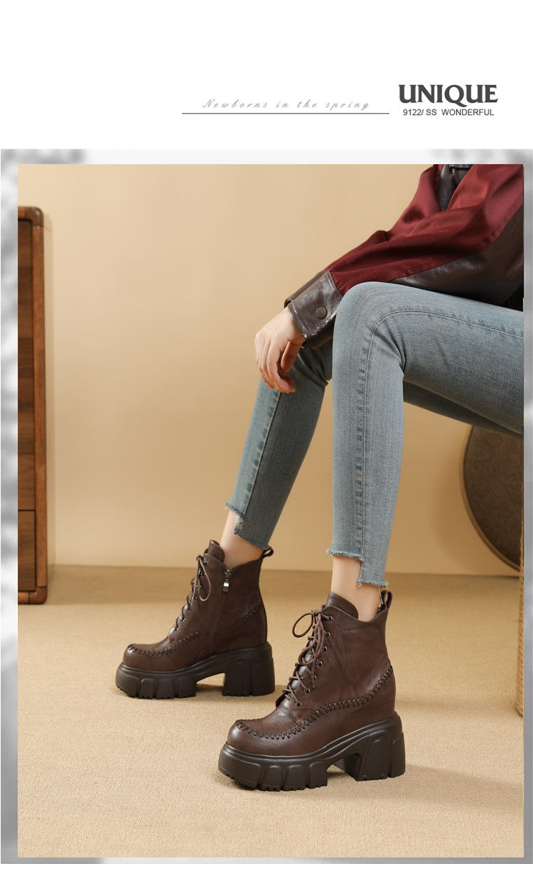 Boot nữ da thật cổ cao ôm bắp chân, đế dày 10 cm, phong cách cổ điển — Lớp lót nhung đen chi tiết 4