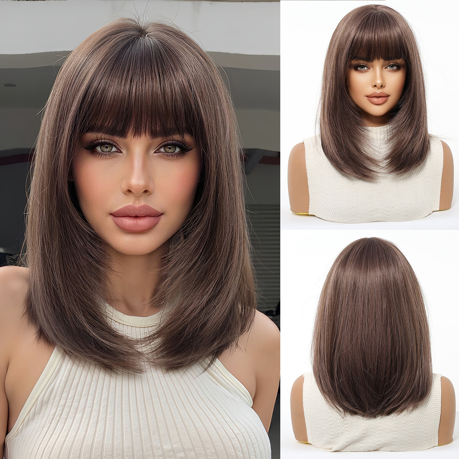 Peluca con casco completo, pelo liso corto, pelo de clavícula de alto nivel para mujer, verano nuevo estilo, color múltiple opcional, mate, seda de alta temperatura, wigs