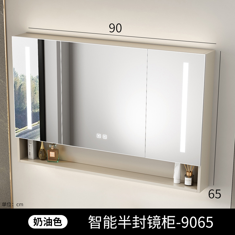 Gabinete de espejo inteligente de baño de belleza, gabinete único grueso, tipo de pared inteligente con lámpara de correa de almacenamiento integral, gabinete de espejo, lente de espejo