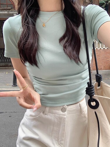 Blue Round Neck Short Sleeve Shoulder Shirt Women's Summer 2025 Pleated Strap Waist Slim Fit Short Top
