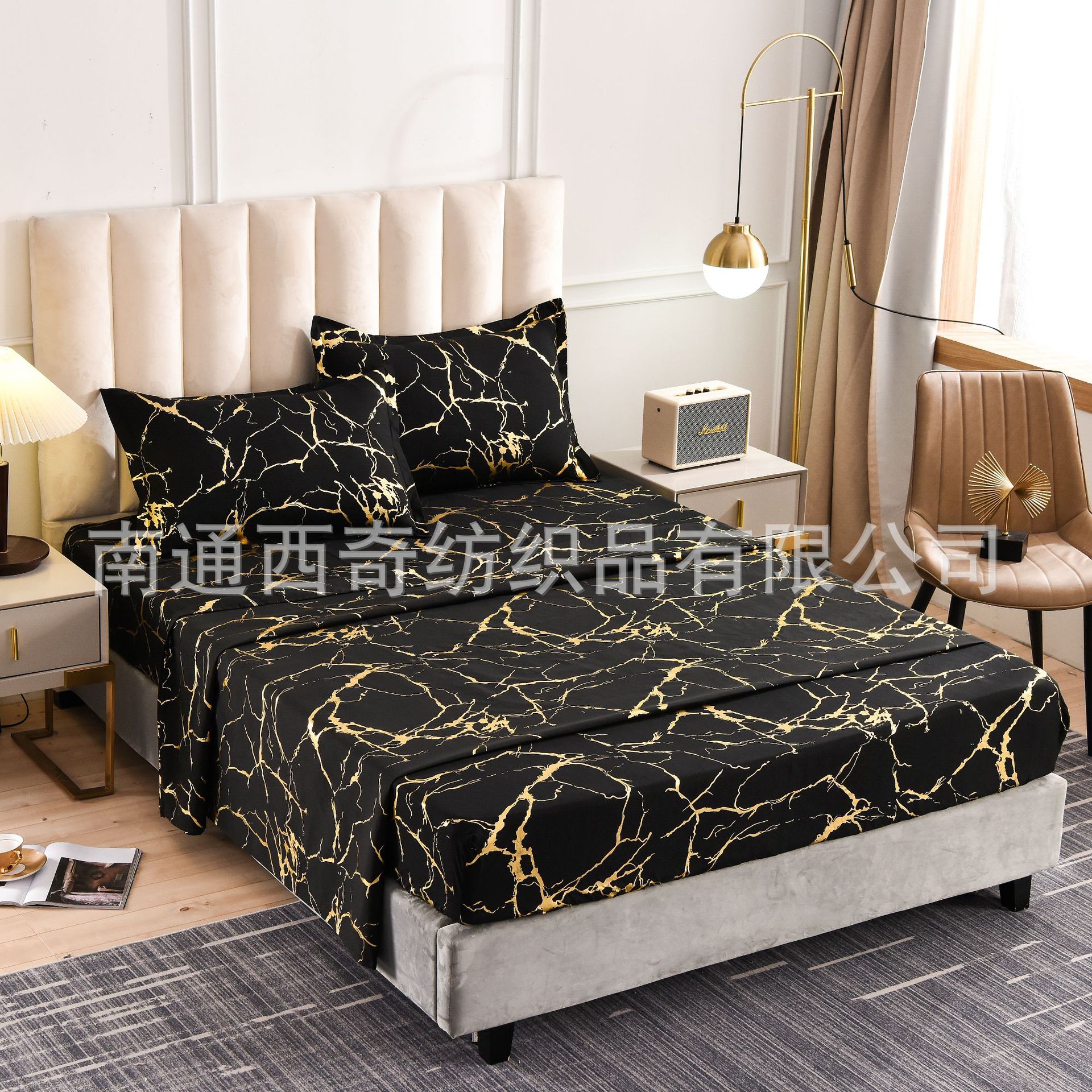 亚马逊易贝速卖通跨境家纺供货烫金石纹床笠四件套多尺寸一件批发