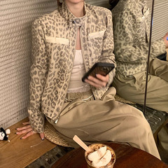 槿一'豹纹限定'小众做旧定染豹纹印花立领外套女秋时髦设计感夹克