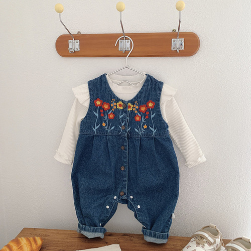 Baby jumpsuit 0-2 years old spring sleeveless denim romper for baby girls 0-2 years old Korean style embroidered romper ML809