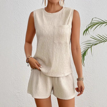 2025夏季新款亚马逊欧美爆款圆领无袖纯色背心T恤跨境外贸套装