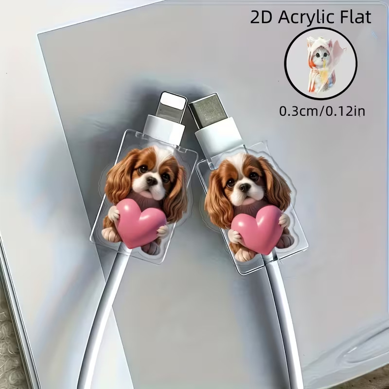 2D Acrylic Data Cable Protective Cover with Cute Dog Pattern for Type-C Mobile Phone Data Cable
