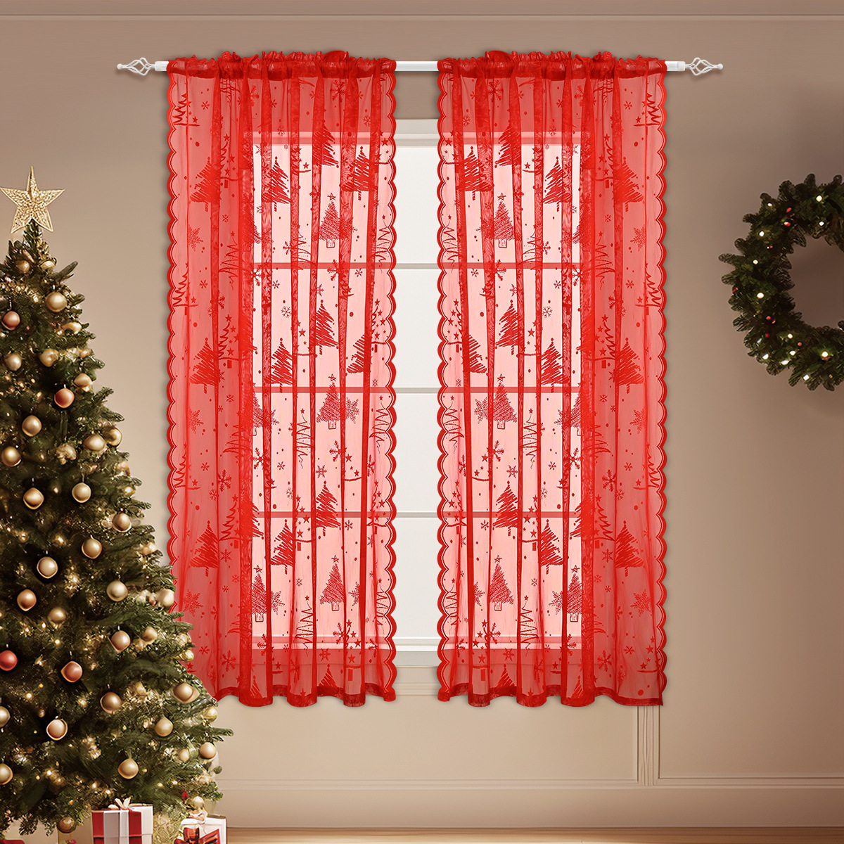 Nuevo árbol de Navidad de hielo transfronterizo cortina de ventana de barra de presión de línea de ventana de Navidad europea y americana cortina de ventana de Navidad TEMU en stock