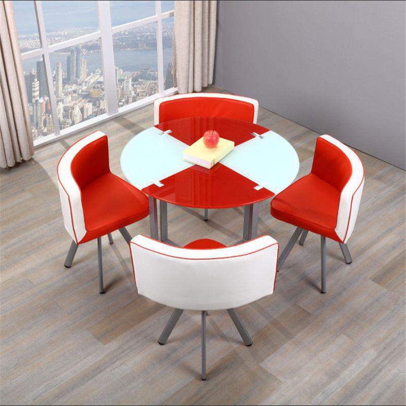 Mesa y sillas de comedor modernas, mesa redonda pequeña de vidrio templado, mesa y sillas para recepción y negociación, una mesa y cuatro sillas, cocina de inducción.