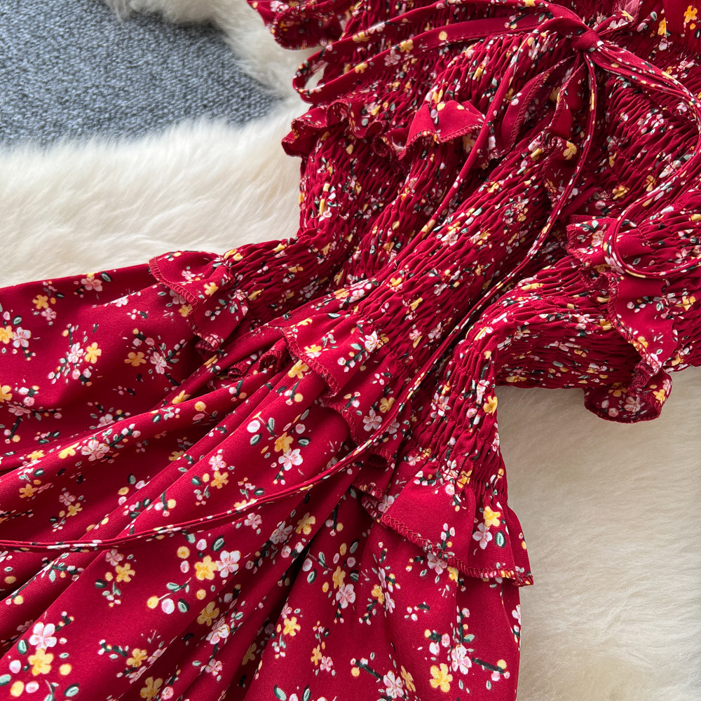 Women's French Sweet Style Square Neck Floral Dress Summer Korean Pleated Waist Tie A-Line Elegant Long Red Dress_ecoleips.com