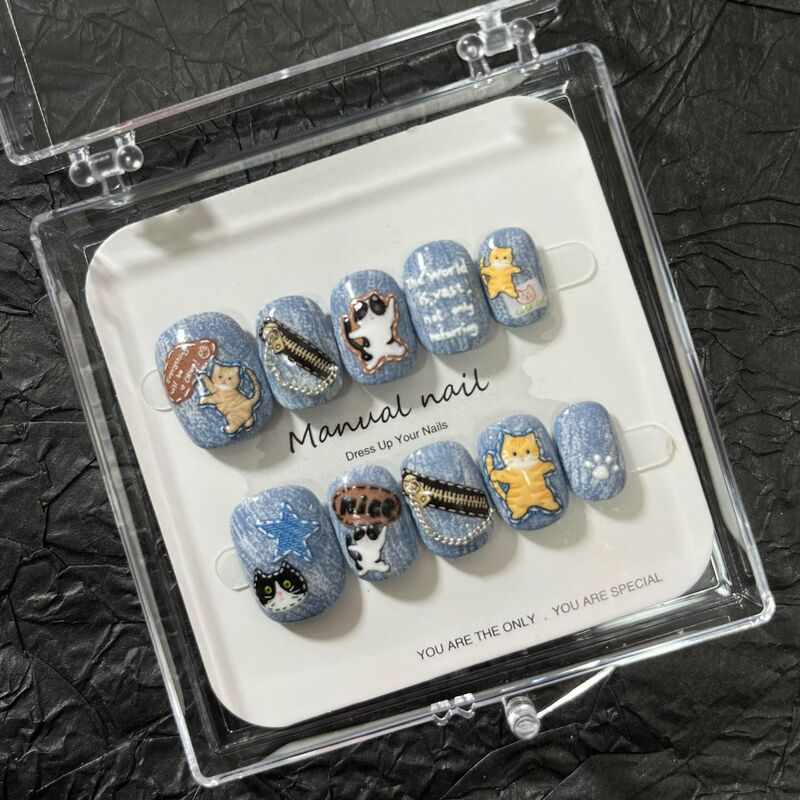 Purely Handmade Cute Cartoon Girl Short Round Wearable Manicure Patch Removable A582