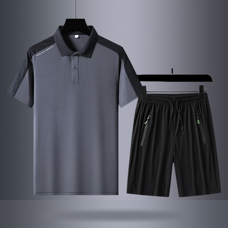 Camiseta de polo de hombre de verano con solapa casual camiseta de manga corta fría delgada camiseta de secado rápido pantalones cortos de dos piezas al por mayor