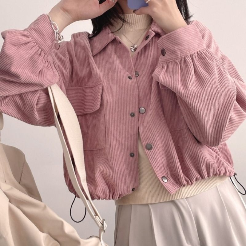 New vintage simple lapel short drawstring long sleeve shirt top corduroy loose coat women