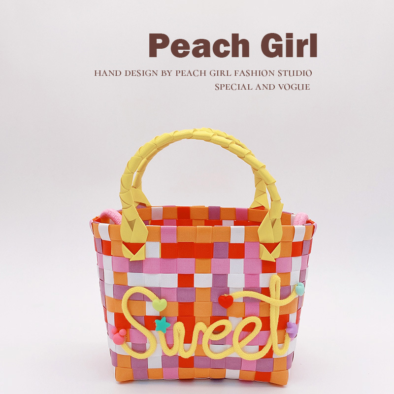 Peach Girl简约sweet微笑字母编织菜篮子手提包单肩包女HD2348A15