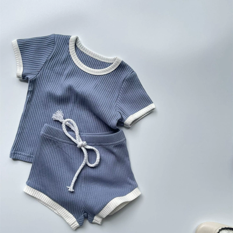 Brand tape with a round collar, cotton shorts, refreshing set for men and women girl's, Korean style, with short sleeve