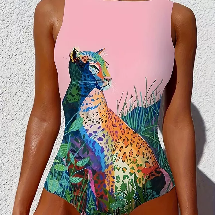 2024连体泳衣紧身欧美抽象动物视觉亮泳装女INS风露背性感跨境