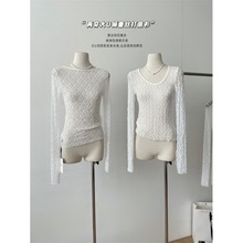 2024春季新款修身上衣女装前后两穿大U领复古钩花蕾丝弹力打底衫