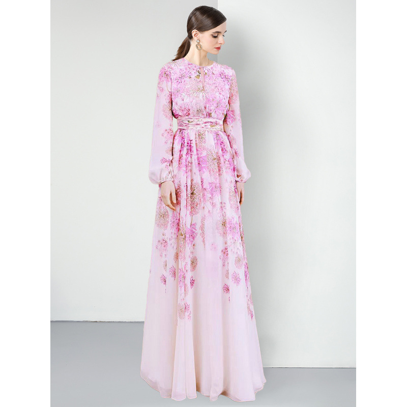 French Retro dress Pink Printed Long Dress Ankle Long Sleeve Elegant Skirt Hollow Design New Style
