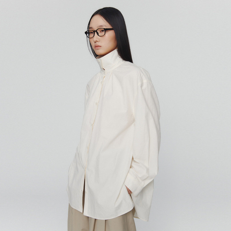 In Stock Amomento Stand-Up Collar Shirt for Women 2025 Early Spring New Designer Style Loose and Lazy Style Shirt