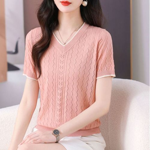 Summer V-neck Short Sleeve T-shirt for Women, Floral Embroidery and Lattice Design, Stylish Ice Silk Knit Top, Loose and Thin Blouse, T-shirt