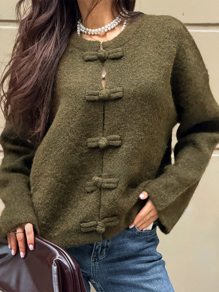 Áo cardigan len dài tay cổ tròn màu trơn cài khuy, form rộng — Màu tím, Xanh nhạt, Xanh quân đội, Xanh rêu đậm chi tiết 30