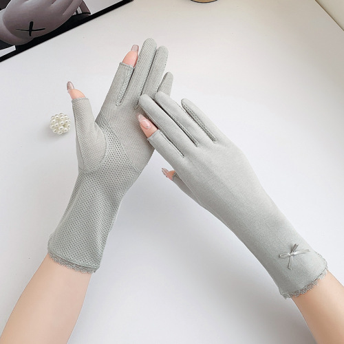 Women's mid-length cotton gloves spring and summer outdoor touch screen half-fingerless cycling and driving anti-UV sunscreen gloves