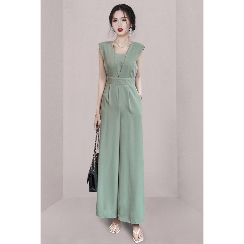 Mono de estilo coreano con cuello cuadrado, cintura entallada, efecto adelgazante, ropa de mujer transfronteriza, novedad de verano, pantalones anchos con bolsillos, elegante y con estilo.