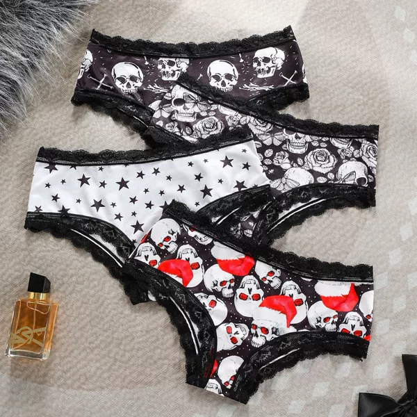Plaid and Breathable Large Size Underwear Female Sexy Briefs Dark Skull Print Shorts Christmas Print 477