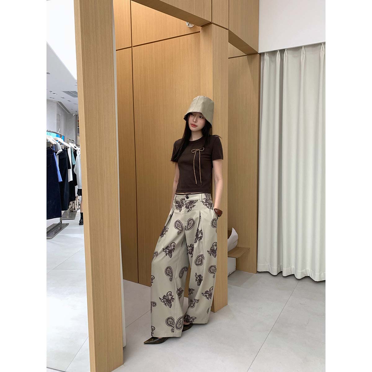 Trendy Dt Etolie Fashion Contrast Color Waistband Paisley Slimming Wide-Leg Pants with High-End Feel Casual Pants