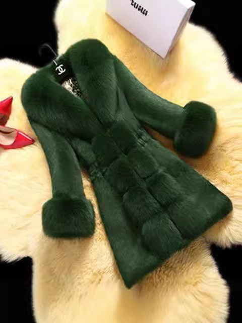 Qadın üçün uzun xəz jaket, tülkü yaxalı, nazik model