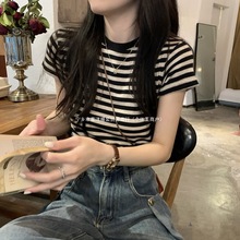 2025年春装新款女装正肩条纹短袖恤夏季小衫内搭紧身短款上衣潮
