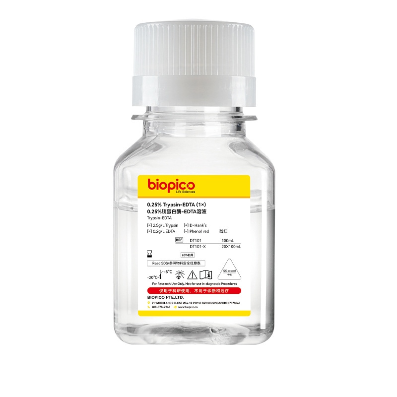 0.25%胰蛋白酶-EDTA溶液,溶于D-Hanks' 液, 不含酚红，100mL/瓶