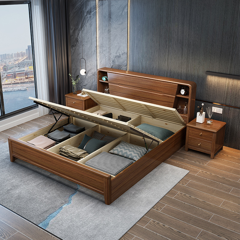 Moderno minimalista cama de madera maciza de nogal 1,8 m cama doble Nordic Luz de lujo 1,5 m dormitorio principal alta caja de almacenamiento cama