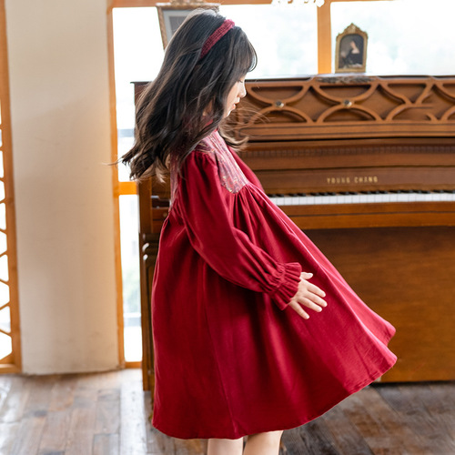 Girls autumn and winter dress children's red stand-up collar skirt Chinese style New Year's greetings dress little girl's fashionable autumn dress