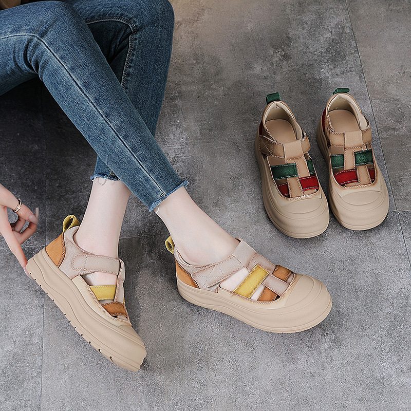 Giày lười nữ da bò đục lỗ đế dày Velcro — Màu vàng