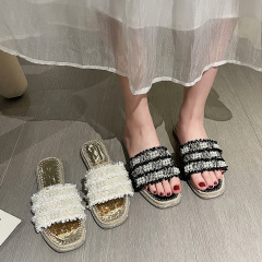 2024夏季新款亞麻涼拖鞋女外穿仙女風學生平底珍珠休閒一字拖鞋潮