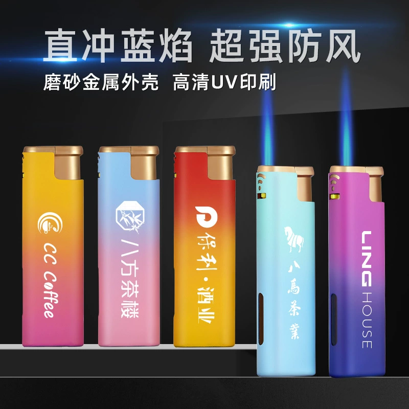 Металлическая матовая ветрозащитная Зажигалка утолщенная индивидуальная рекламная прямая надувная зажигалка с синим пламенем оптом