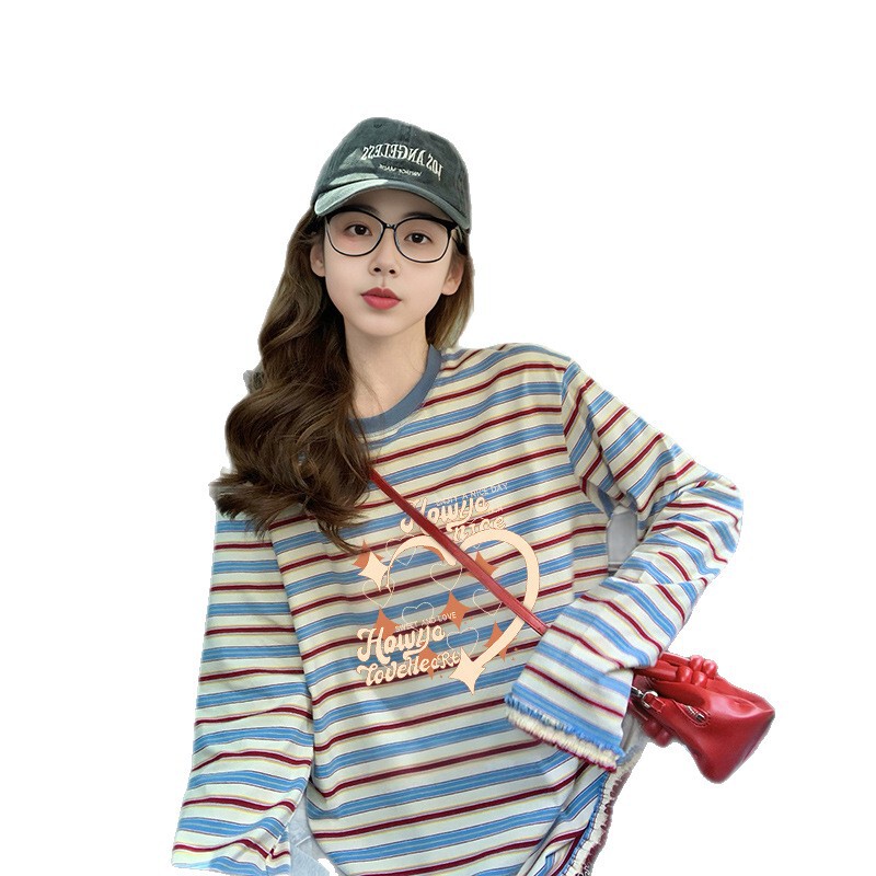 oversize欧货纯棉长袖T恤女多巴胺彩色条纹洋气宽松气质花边上衣|undefined