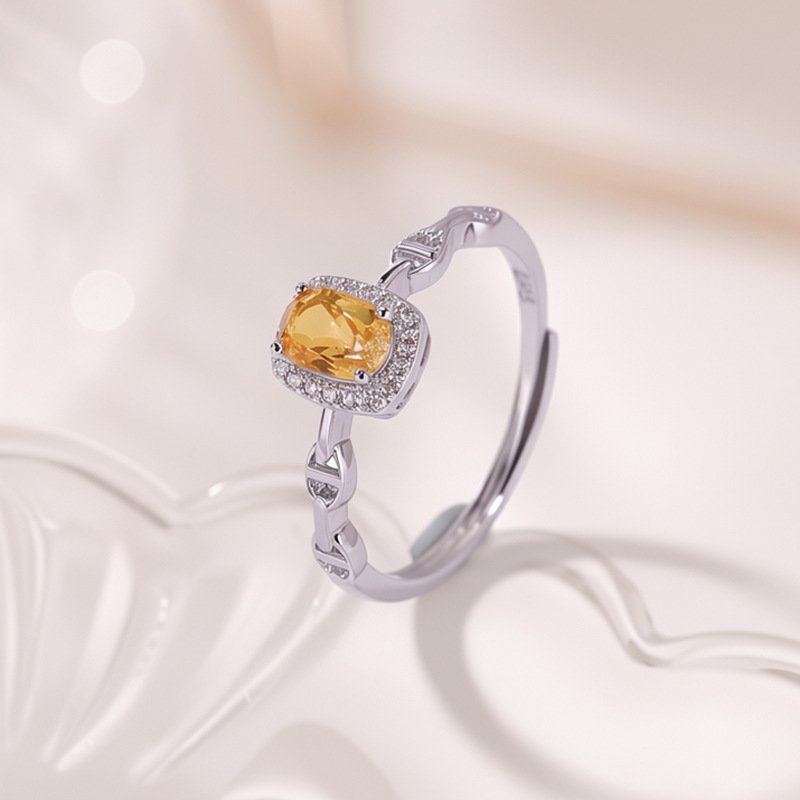 Nhẫn nữ bạc S925 mạ vàng đính đá cubic zirconia hình vuông mở điều chỉnh — Loại bạc